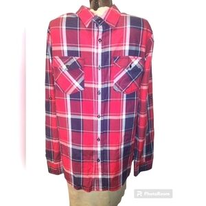 Eighty Eight Platinum L‎ Red Plaid Western Shirt With Snap Pockets Tab Sleeves
